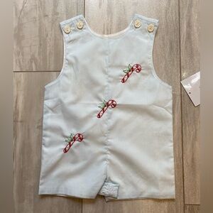NWT Remember Nguyen Light Baby Blue Hayes Candy Cane Shortall Romper, boys 12M